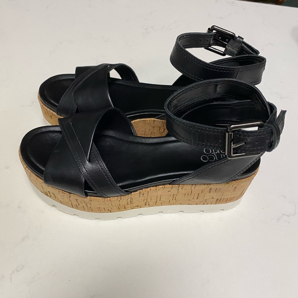 Franco Sarto Women’s Ankle Strap Cork Black Leather Sandals - 7M L-FAE - Picture 5 of 16